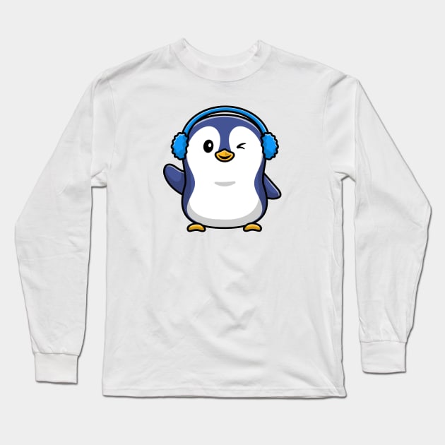 Cute Penguin Wearing Earmuff Cartoon Vector Icon Illustration Long Sleeve T-Shirt by Catalyst Labs